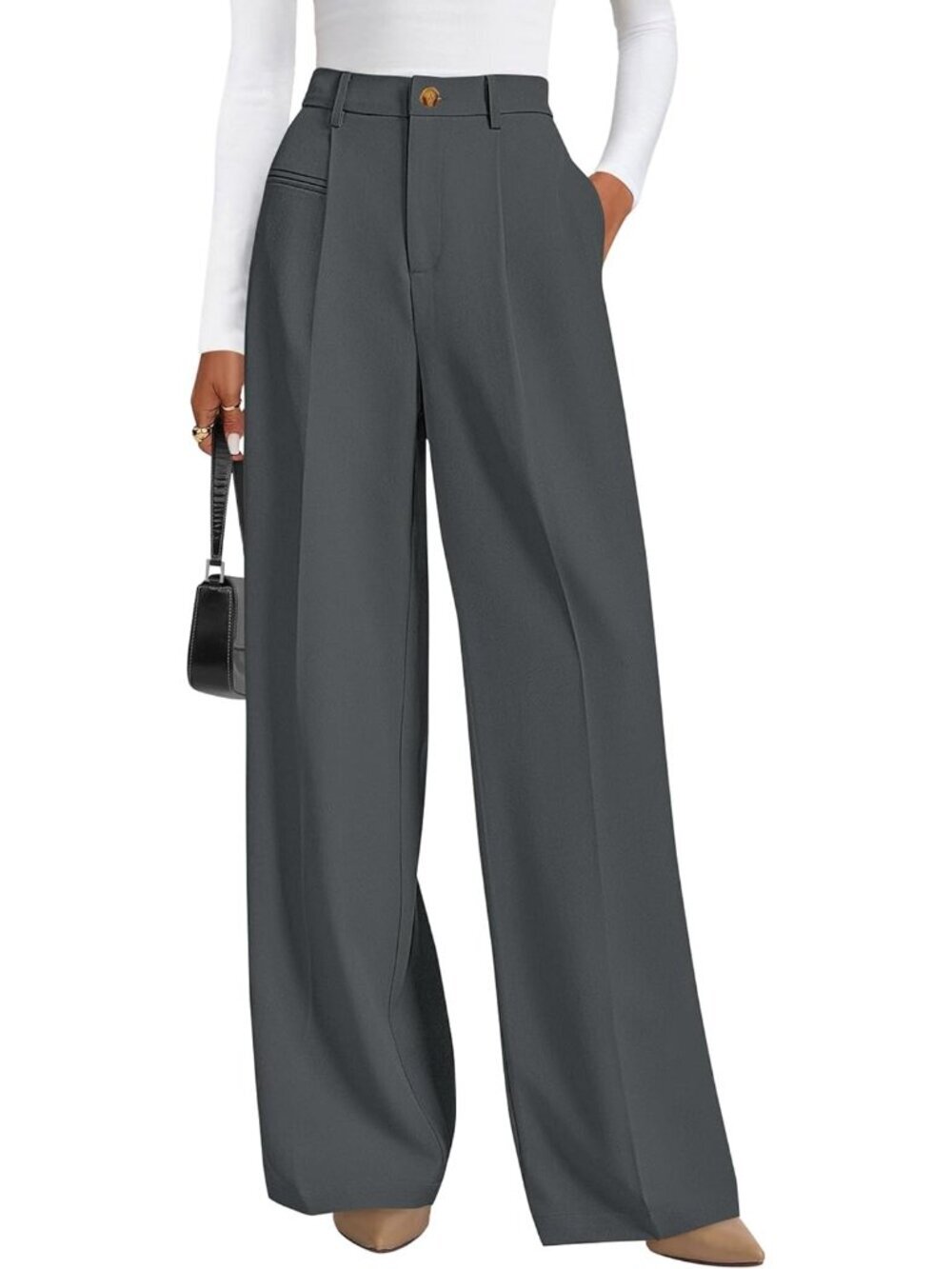 Women's Dark Grey Business Casual Flowy Work High Waisted Wide Leg Dress Pants